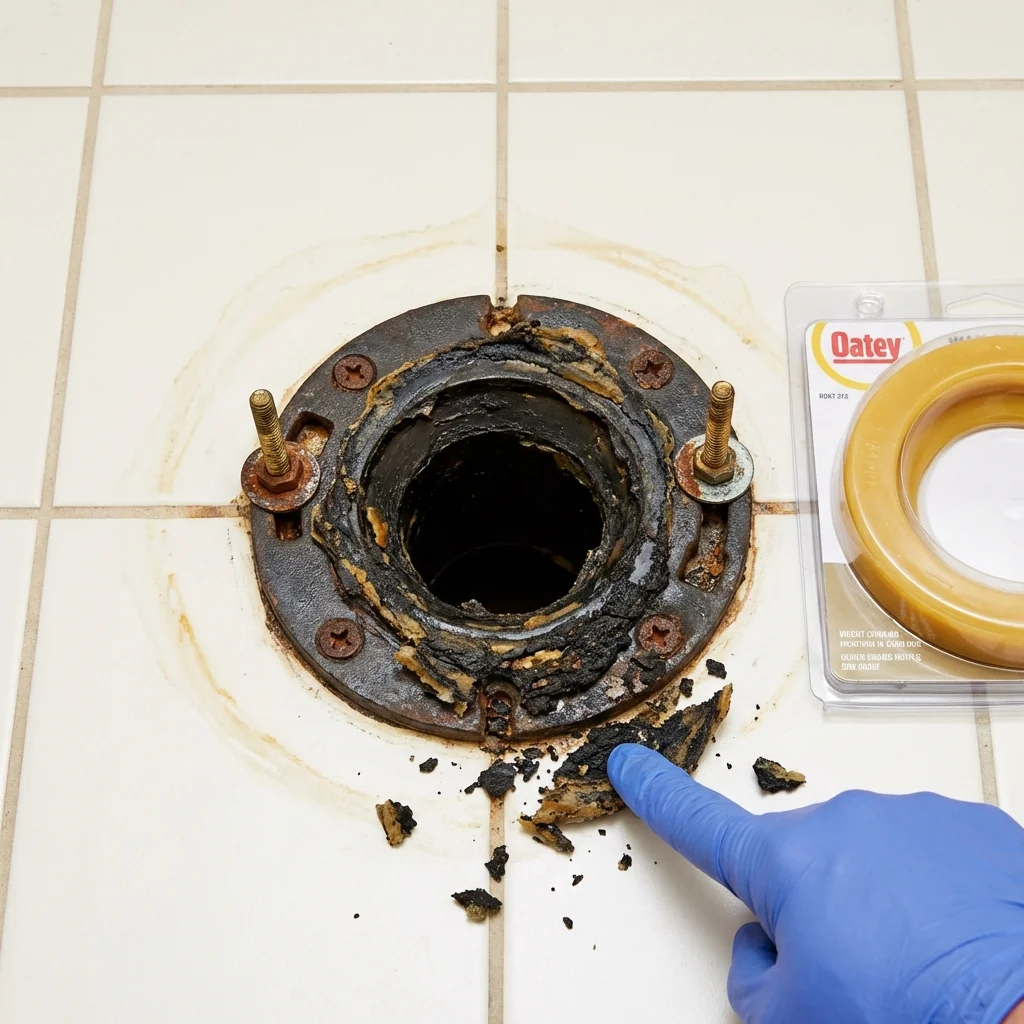 Failed wax ring showing water seepage at the base of a toilet in a Superior, NE home