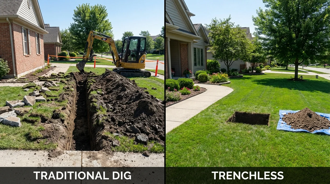 Trenchless sewer repair with minimal yard damage versus traditional excavation in Superior, NE
