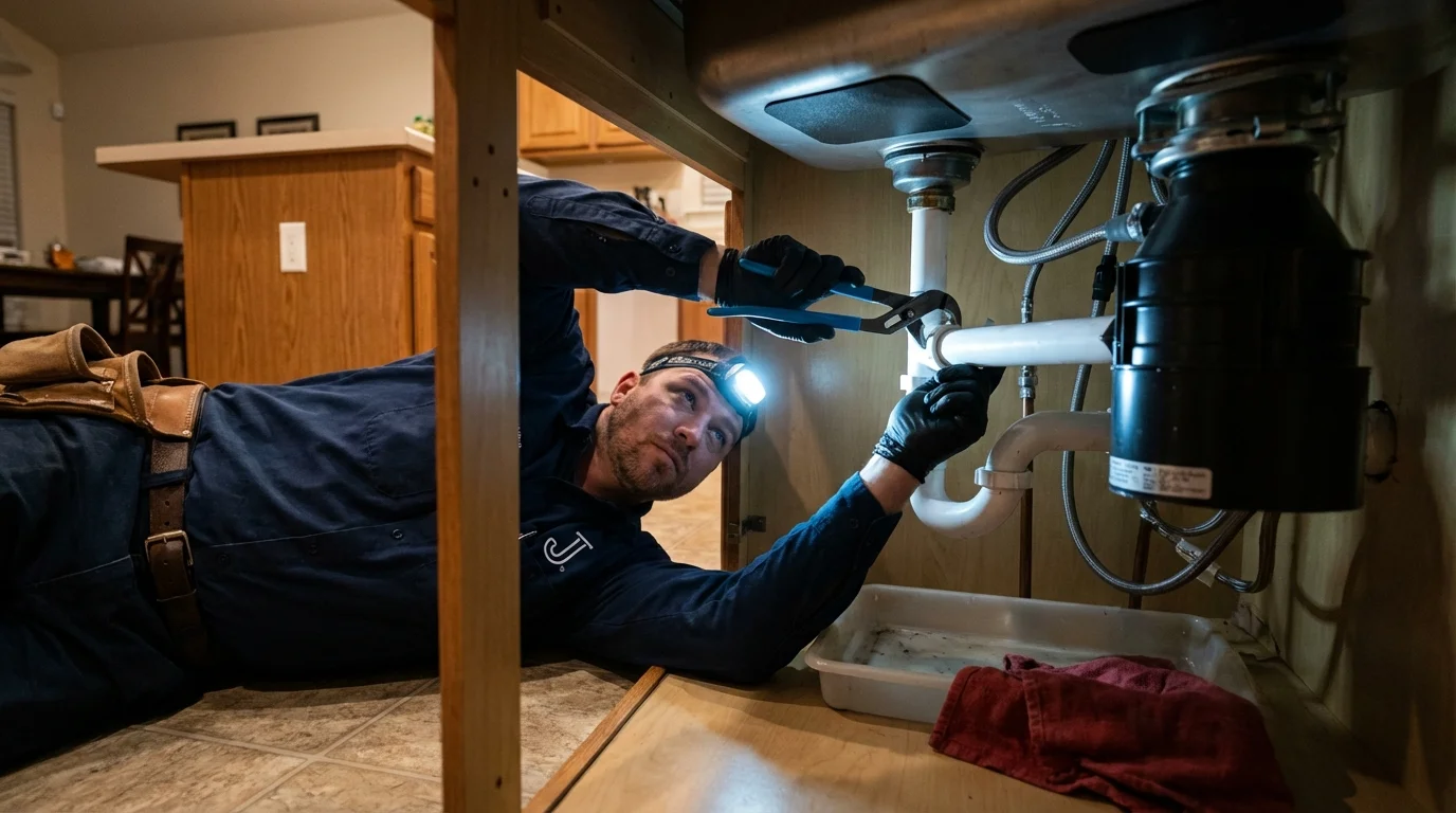 P-trap and supply line connections under a kitchen sink showing a common leak point in Superior, NE